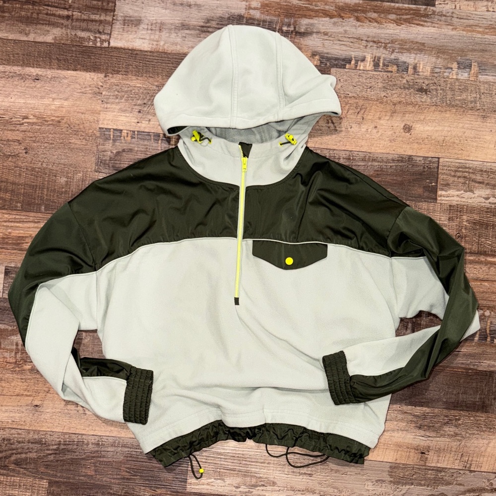 Light Green and Olive Hooded Pullover with Neon Accents